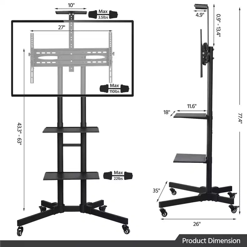 Yaheetech Adjustable Mobile TV Stand Metal TV Cart Black