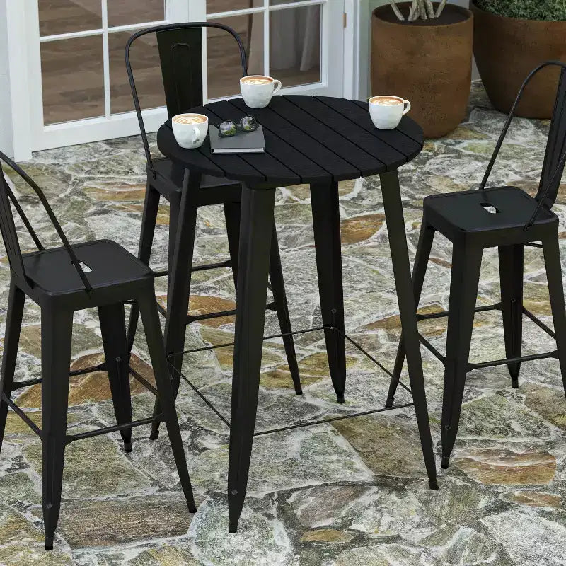 Table de bar intérieur/extérieur, plateau rond en polyrésine tout temps de 30 po avec base en acier