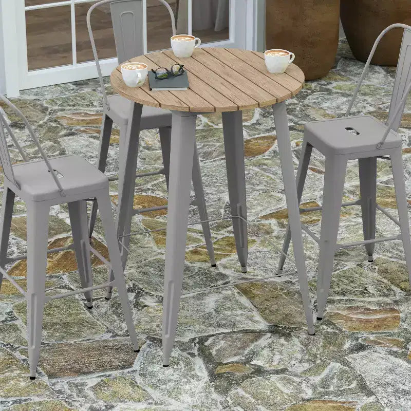 Table de bar intérieur/extérieur, plateau rond en polyrésine tout temps de 30 po avec base en acier