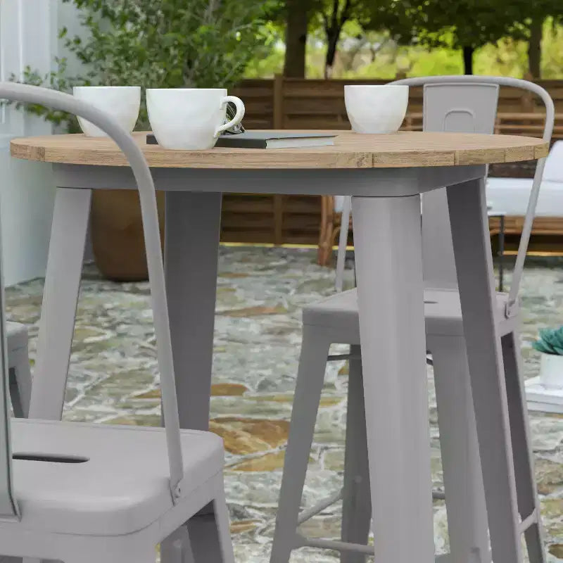Table de bar intérieur/extérieur, plateau rond en polyrésine tout temps de 30 po avec base en acier