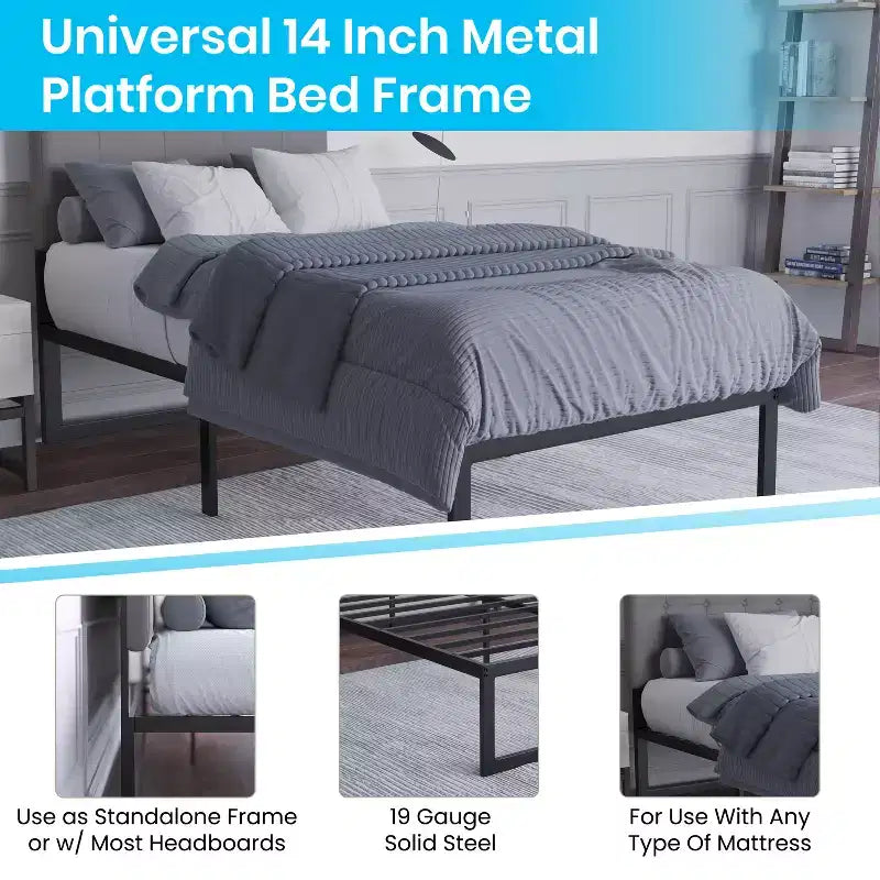 Lit plateforme métallique 14 po avec support à lattes en acier et 12,5 po d'espace de rangement sous le lit – Aucun sommier ou fond de lit requis