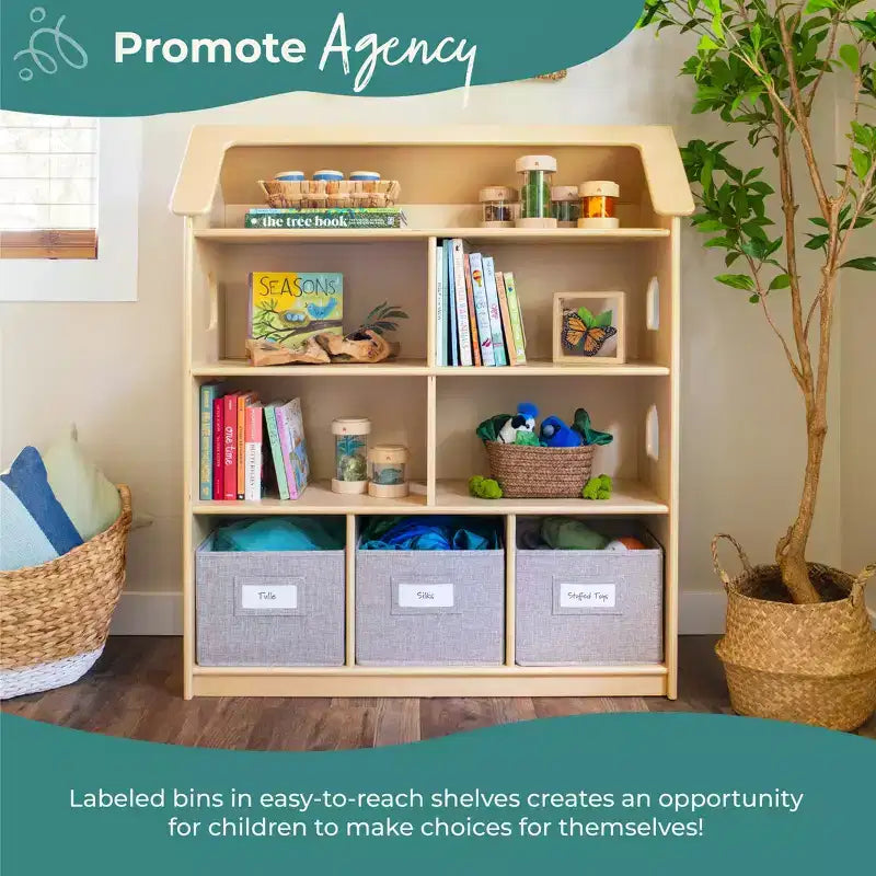 Guidecraft EdQ Dollhouse Bookshelf: Wood Kids' Pretend Play Furniture for Playroom and Classroom with Bins for Toys and Dolls