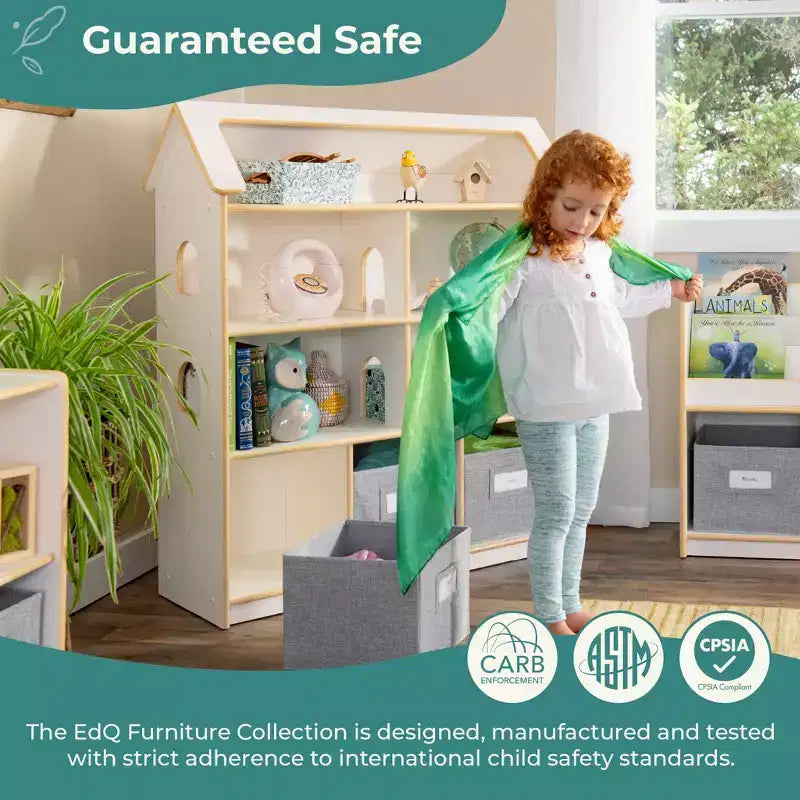 Guidecraft EdQ Dollhouse Bookshelf: Wood Kids' Pretend Play Furniture for Playroom and Classroom with Bins for Toys and Dolls