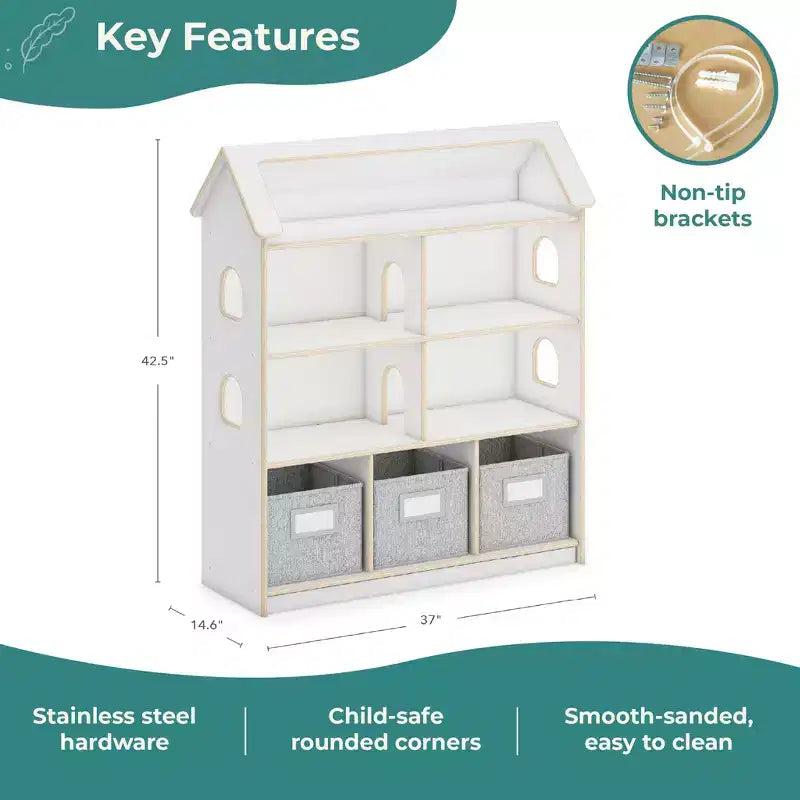 Guidecraft EdQ Dollhouse Bookshelf: Wood Kids' Pretend Play Furniture for Playroom and Classroom with Bins for Toys and Dolls