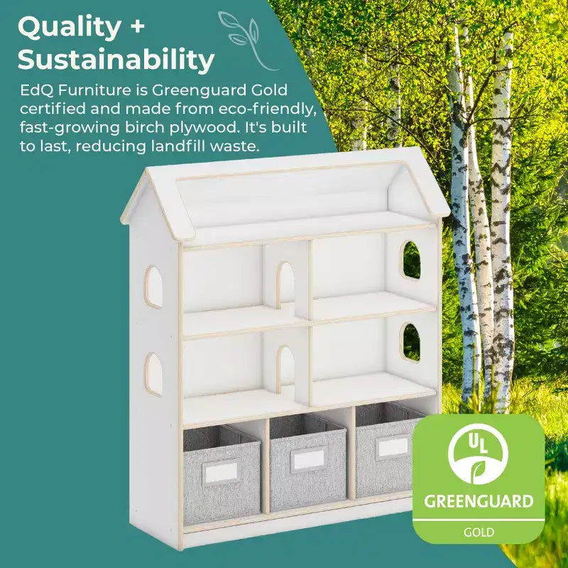 Guidecraft EdQ Dollhouse Bookshelf: Wood Kids' Pretend Play Furniture for Playroom and Classroom with Bins for Toys and Dolls