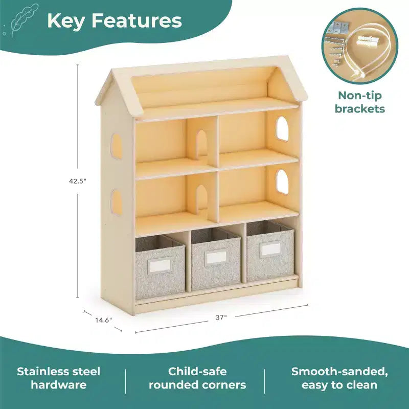 Guidecraft EdQ Dollhouse Bookshelf: Wood Kids' Pretend Play Furniture for Playroom and Classroom with Bins for Toys and Dolls