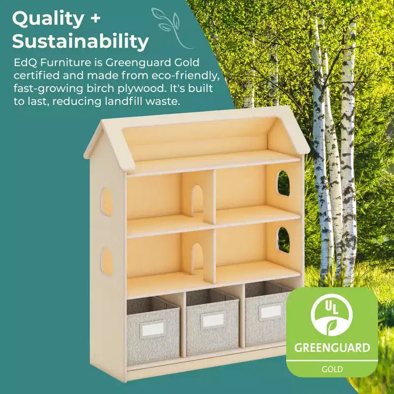 Guidecraft EdQ Dollhouse Bookshelf: Wood Kids' Pretend Play Furniture for Playroom and Classroom with Bins for Toys and Dolls