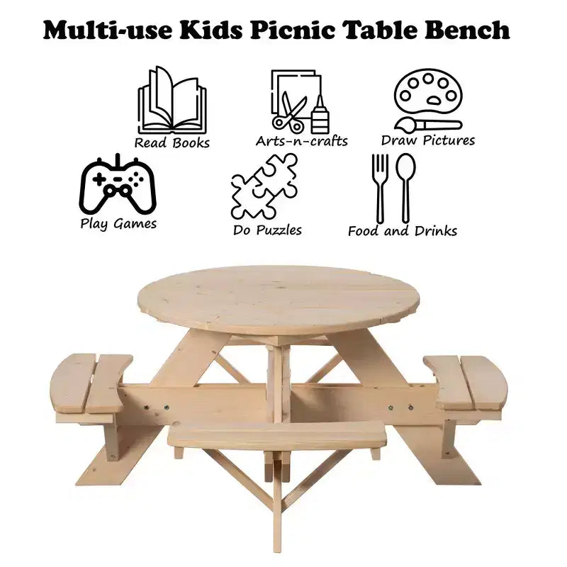 Gardenised Wooden Kids Round Picnic Table Bench, Outdoor Children's Backyard Table, Crafting, Dining, and Playtime Patio Table
