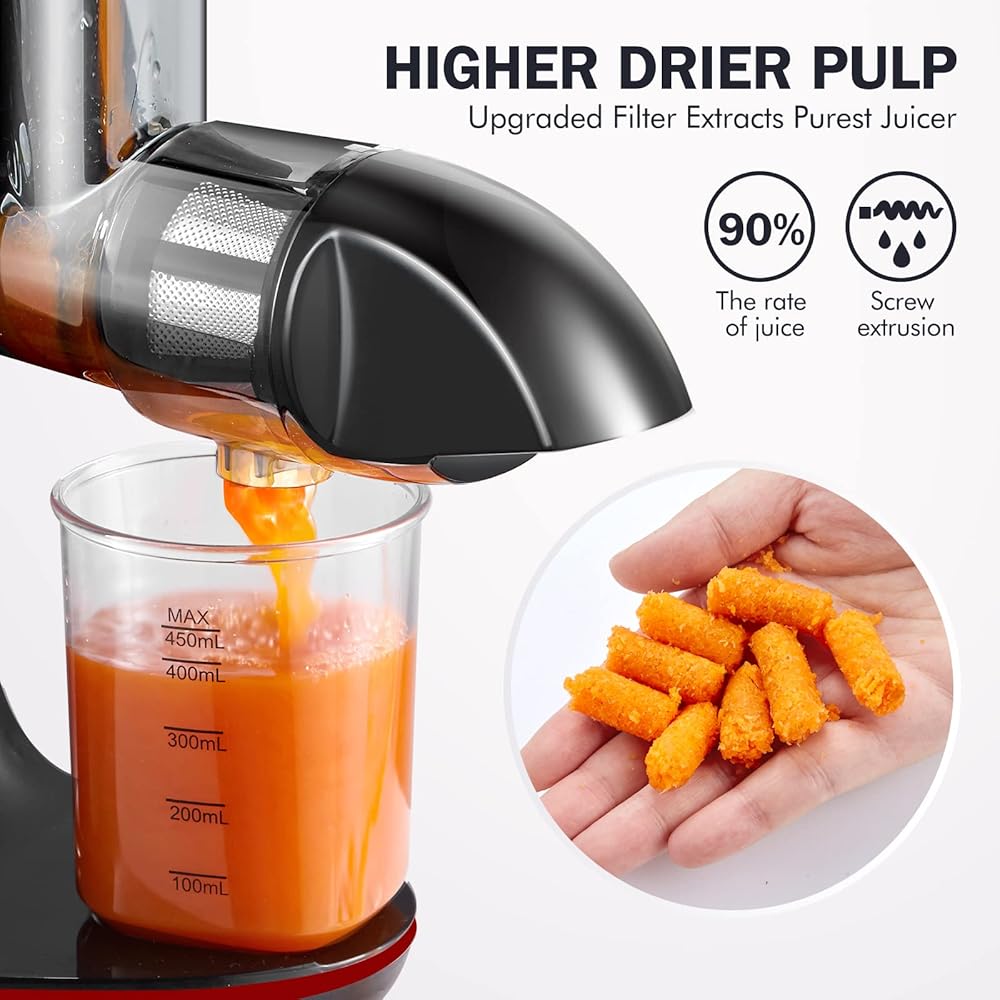AMZCHEF Extracteur de Jus avec Double Vitesse Modes (Soft et Hard) - Extracteur de Jus de Fruits et Légumes - Juicer Machine avec Bouteille à jus Portable et 2 Tasses - Rouge [Classe énergétique A+++] : Cuisine et Maison