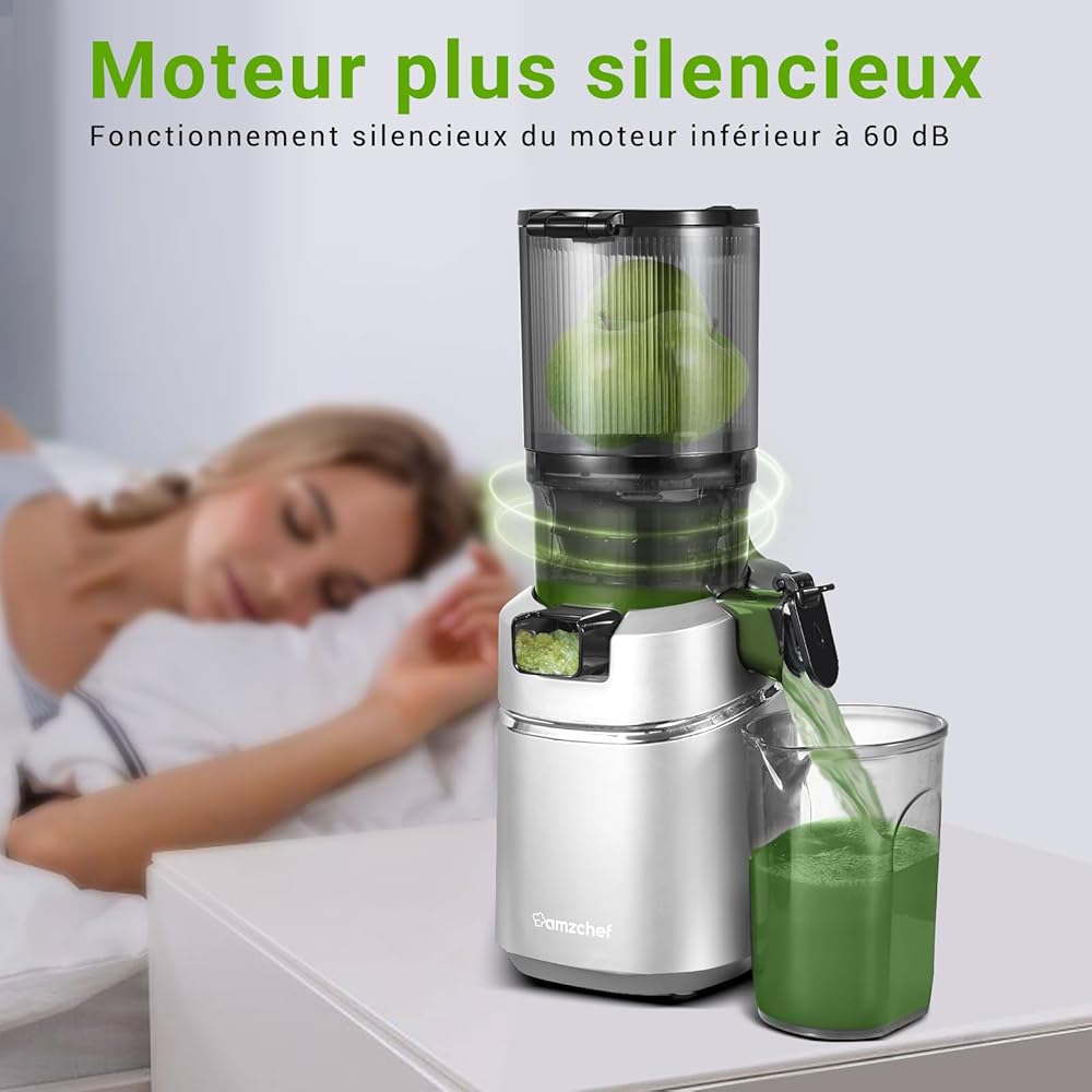 AMZCHEF Extracteur de jus automatique Vos mains libres, Ouverture de 135 mm et capacité de 1,8 L Extracteur de jus de fruits et légumes entiers, Extracteur jus lent de 250W avec triple filtre - Argent : Cuisine et Maison