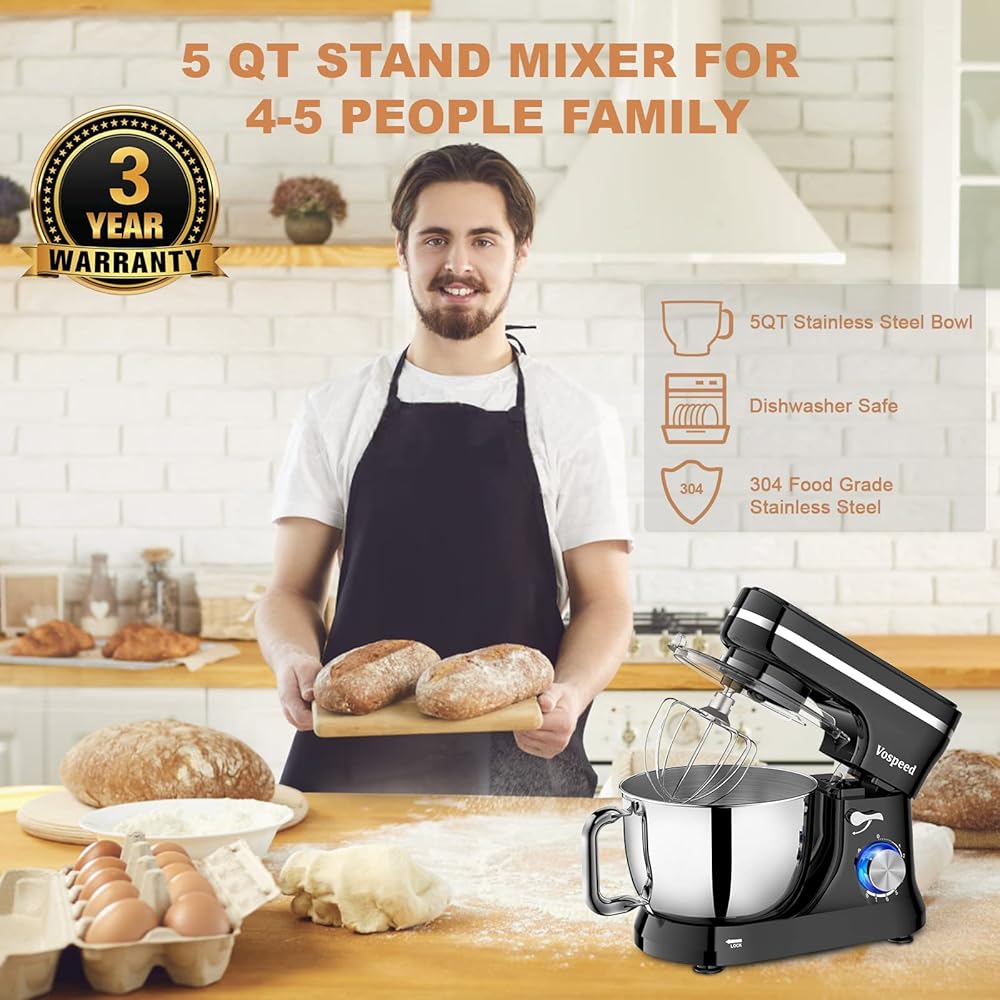 Robot Pâtissier Multifonctions, Vospeed Robot de Cuisine 1000W 5QT avec Fouet, Crochet Pétrisseur, Fouet à Gâteau, bol en acier Inoxydable, Pare-Éclaboussures (Noir) : Cuisine et Maison
