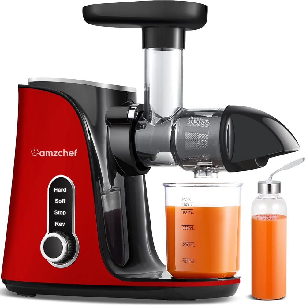 AMZCHEF Extracteur de Jus avec Double Vitesse Modes (Soft et Hard) - Extracteur de Jus de Fruits et Légumes - Juicer Machine avec Bouteille à jus Portable et 2 Tasses - Rouge [Classe énergétique A+++] : Cuisine et Maison