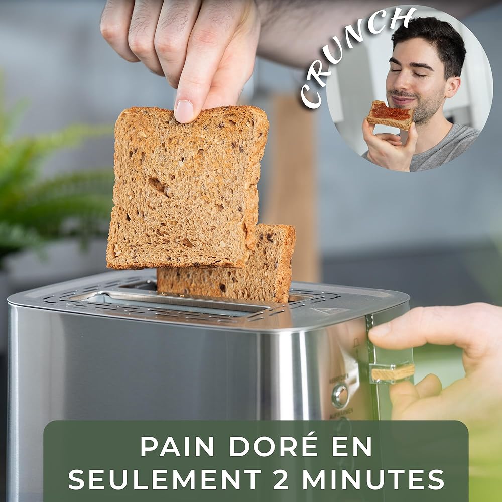 WALDWERK Design Grille Pain en Inox et Bois de Chêne - Toaster Intelligent à Fentes Larges et Profondes avec Support pour Petits Pains - Petit Grille-pain avec Tiroir Ramasse-miettes Amovible :