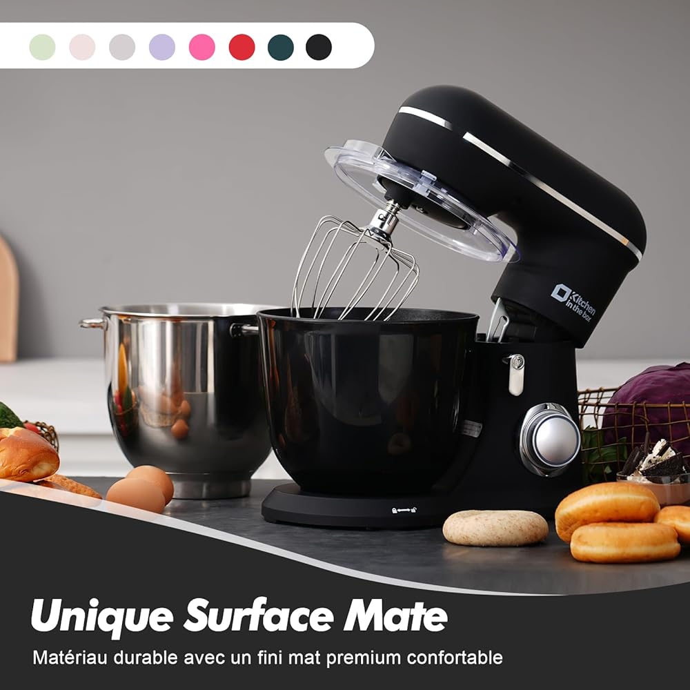Kitchen in the box Robot Pâtissier, 4.5L+5L 2Bols Robots de Cuisine, 10 Vitesses Batteur Electrique Cuisine, 1300W Pétrin Professionnel avec Fouet, Batteur, Crochet (Noir) : Cuisine et Maison