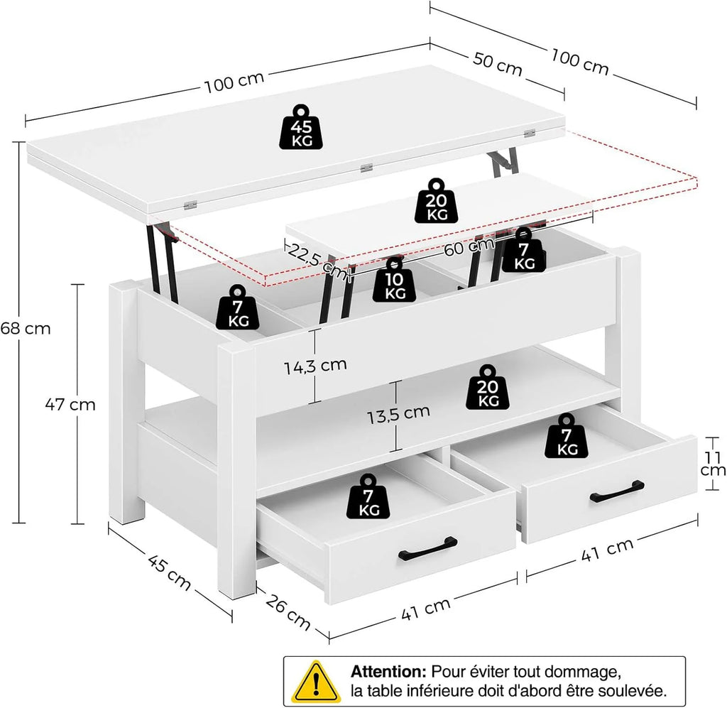 Table Basse Relevable et Extensible en Bois – avec Tiroir, Rangement Caché et Compartiment Ouvert