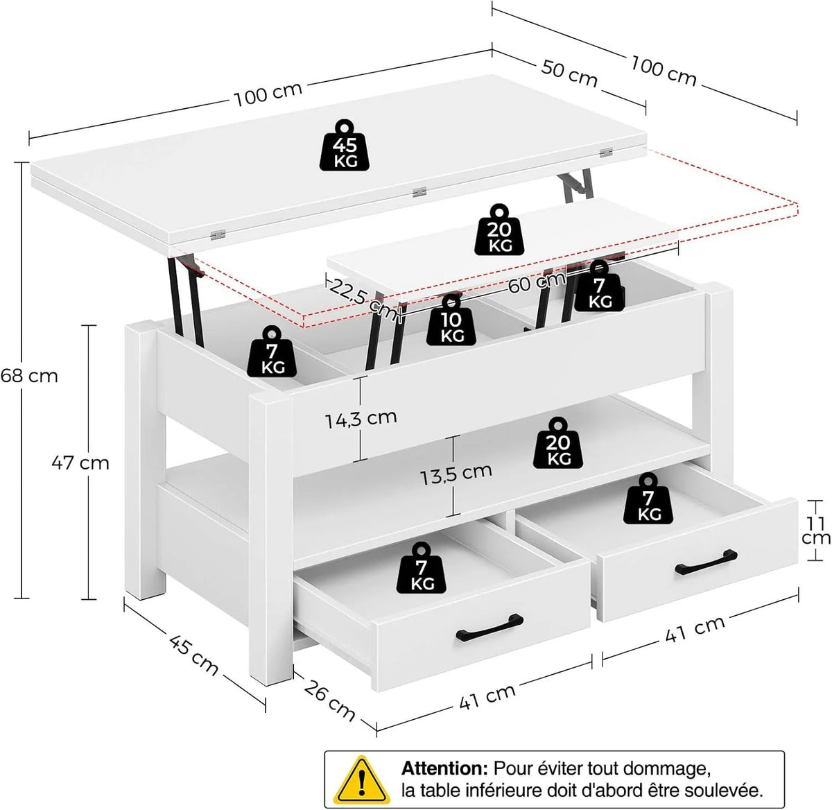Table Basse Relevable et Extensible en Bois – avec Tiroir, Rangement Caché et Compartiment Ouvert