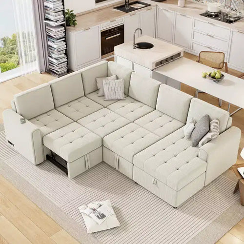 107.5W U-shaped Sectional Sofa Couch, Pull-out Sofa Bed with a Storage Chaise Lounge and Charging Devices 4S -ModernLuxe