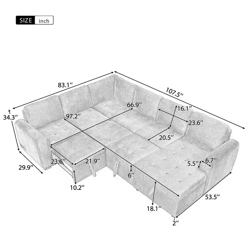 107.5W U-shaped Sectional Sofa Couch, Pull-out Sofa Bed with a Storage Chaise Lounge and Charging Devices 4S -ModernLuxe
