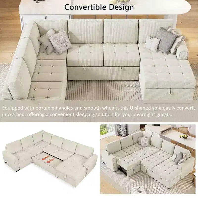 107.5W U-shaped Sectional Sofa Couch, Pull-out Sofa Bed with a Storage Chaise Lounge and Charging Devices 4S -ModernLuxe