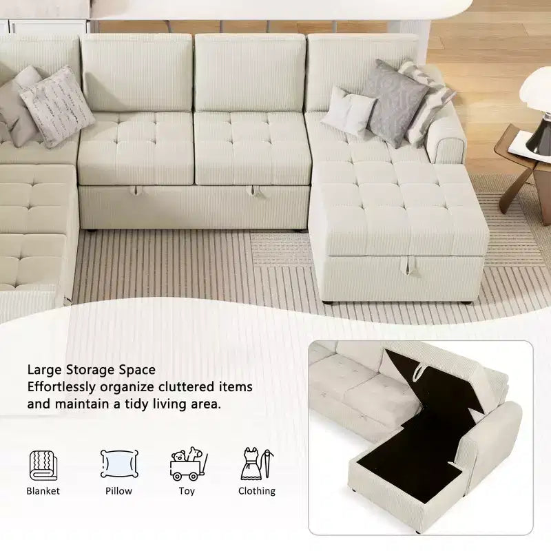 107.5W U-shaped Sectional Sofa Couch, Pull-out Sofa Bed with a Storage Chaise Lounge and Charging Devices 4S -ModernLuxe
