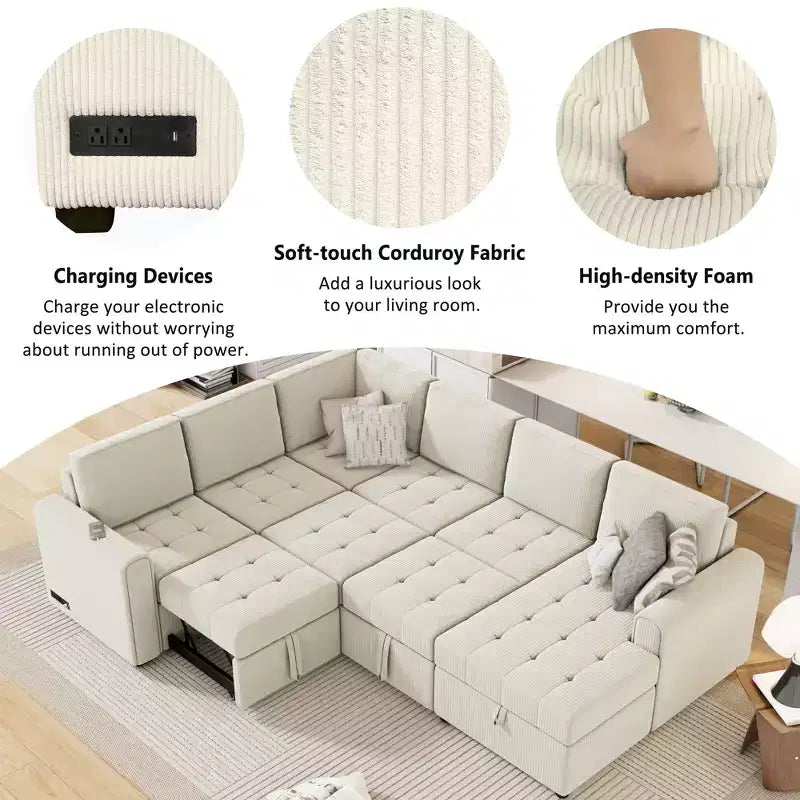 107.5W U-shaped Sectional Sofa Couch, Pull-out Sofa Bed with a Storage Chaise Lounge and Charging Devices 4S -ModernLuxe