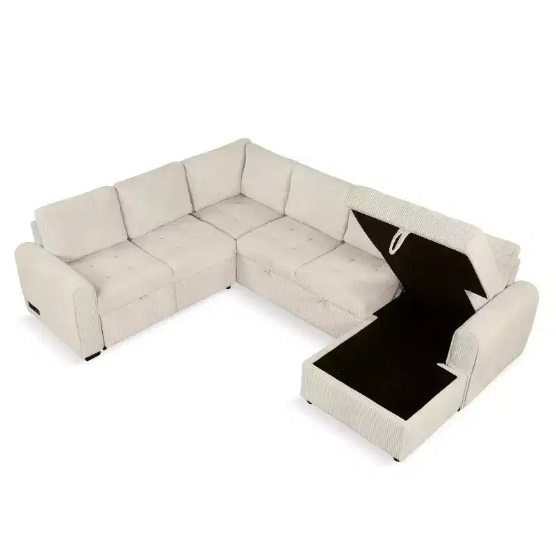 107.5W U-shaped Sectional Sofa Couch, Pull-out Sofa Bed with a Storage Chaise Lounge and Charging Devices 4S -ModernLuxe