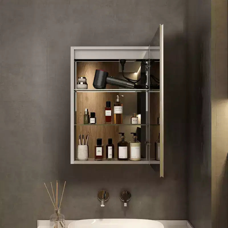 HBEZON LED Medicine Cabinet with Mirrors and Lights, Recess/Wall Mount Bathroom Cabinet, 3 Mode Light, Dimmable, Anti-Fog, Outlet, Silver
