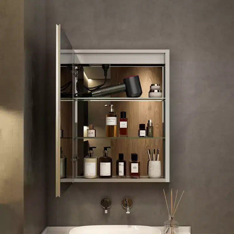 HBEZON LED Medicine Cabinet with Mirrors and Lights, Recess/Wall Mount Bathroom Cabinet, 3 Mode Light, Dimmable, Anti-Fog, Outlet, Silver