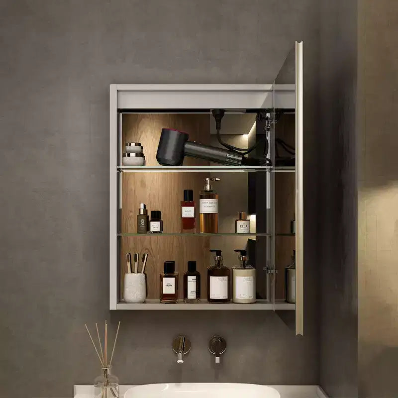 HBEZON LED Medicine Cabinet with Mirrors and Lights, Recess/Wall Mount Bathroom Cabinet, 3 Mode Light, Dimmable, Anti-Fog, Outlet, Silver