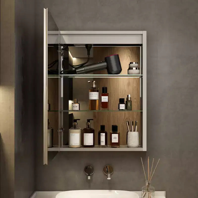 HBEZON LED Medicine Cabinet with Mirrors and Lights, Recess/Wall Mount Bathroom Cabinet, 3 Mode Light, Dimmable, Anti-Fog, Outlet, Silver