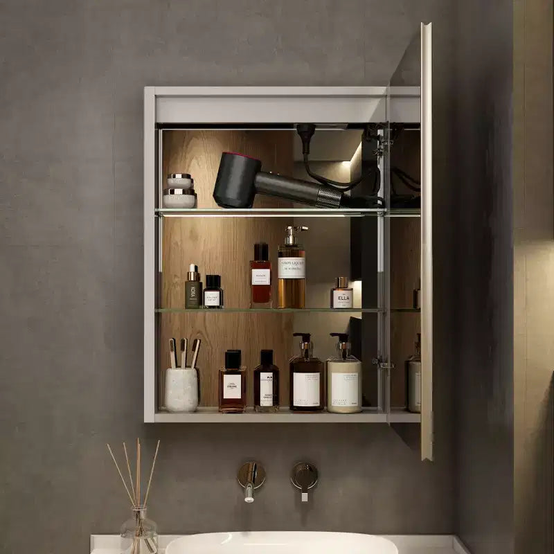 HBEZON LED Medicine Cabinet with Mirrors and Lights, Recess/Wall Mount Bathroom Cabinet, 3 Mode Light, Dimmable, Anti-Fog, Outlet, Silver