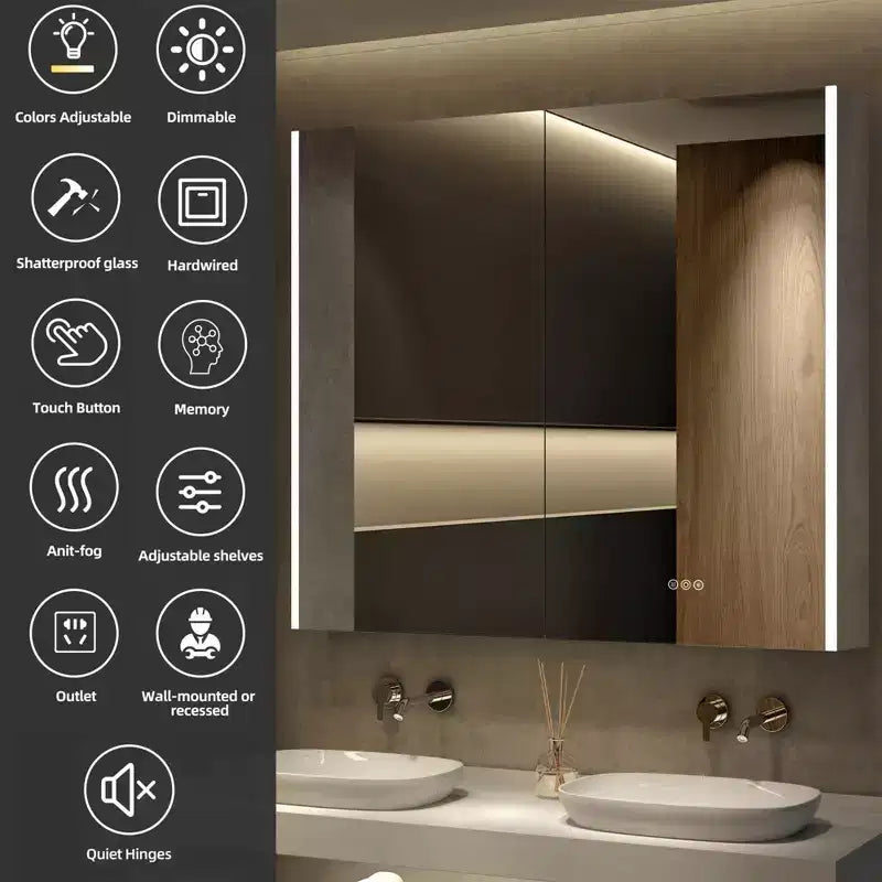 HBEZON LED Medicine Cabinet with Mirrors and Lights, Recess/Wall Mount Bathroom Cabinet, 3 Mode Light, Dimmable, Anti-Fog, Outlet, Silver