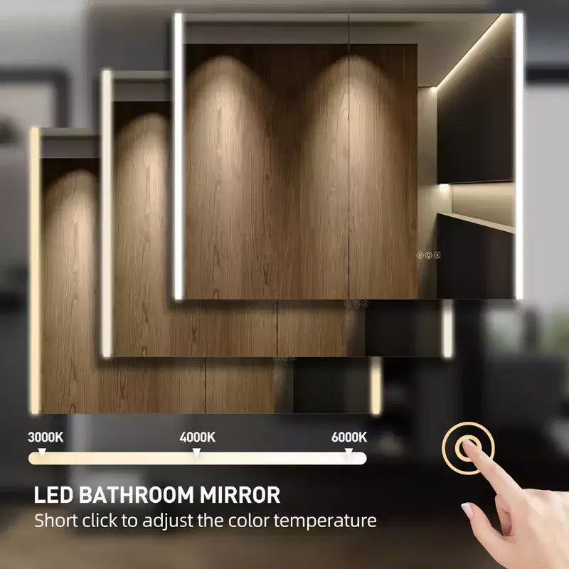 HBEZON LED Medicine Cabinet with Mirrors and Lights, Recess/Wall Mount Bathroom Cabinet, 3 Mode Light, Dimmable, Anti-Fog, Outlet, Silver
