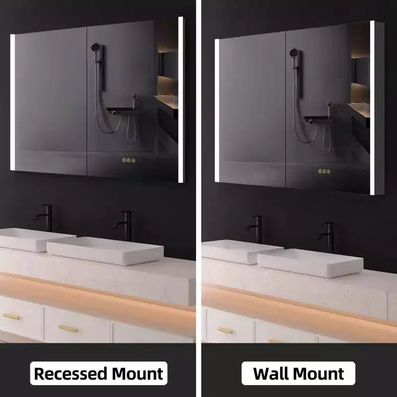 HBEZON LED Medicine Cabinet with Mirrors and Lights, Recess/Wall Mount Bathroom Cabinet, 3 Mode Light, Dimmable, Anti-Fog, Outlet, Silver