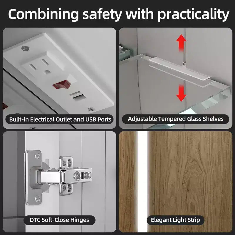 HBEZON LED Medicine Cabinet with Mirrors and Lights, Recess/Wall Mount Bathroom Cabinet, 3 Mode Light, Dimmable, Anti-Fog, Outlet, Silver