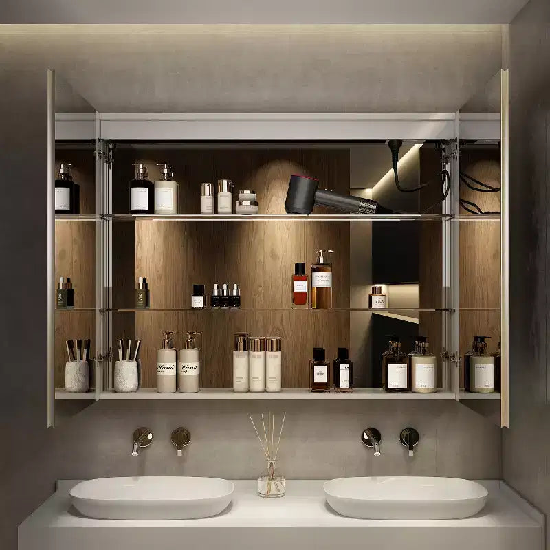 HBEZON LED Medicine Cabinet with Mirrors and Lights, Recess/Wall Mount Bathroom Cabinet, 3 Mode Light, Dimmable, Anti-Fog, Outlet, Silver