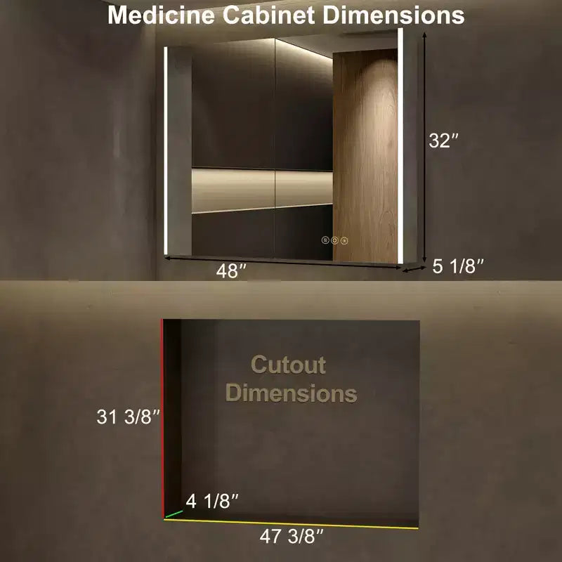 HBEZON LED Medicine Cabinet with Mirrors and Lights, Recess/Wall Mount Bathroom Cabinet, 3 Mode Light, Dimmable, Anti-Fog, Outlet, Silver