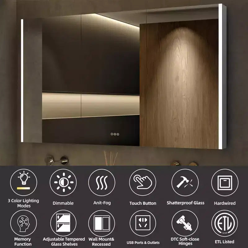 HBEZON LED Medicine Cabinet with Mirrors and Lights, Recess/Wall Mount Bathroom Cabinet, 3 Mode Light, Dimmable, Anti-Fog, Outlet, Silver