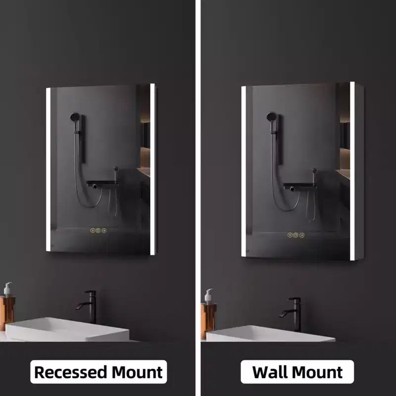 HBEZON LED Medicine Cabinet with Mirrors and Lights, Recess/Wall Mount Bathroom Cabinet, 3 Mode Light, Dimmable, Anti-Fog, Outlet, Silver