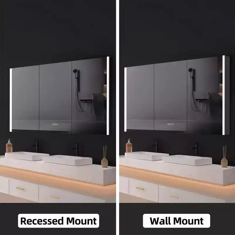 HBEZON LED Medicine Cabinet with Mirrors and Lights, Recess/Wall Mount Bathroom Cabinet, 3 Mode Light, Dimmable, Anti-Fog, Outlet, Silver