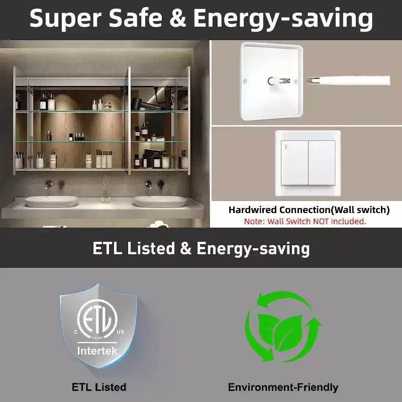 HBEZON LED Medicine Cabinet with Mirrors and Lights, Recess/Wall Mount Bathroom Cabinet, 3 Mode Light, Dimmable, Anti-Fog, Outlet, Silver