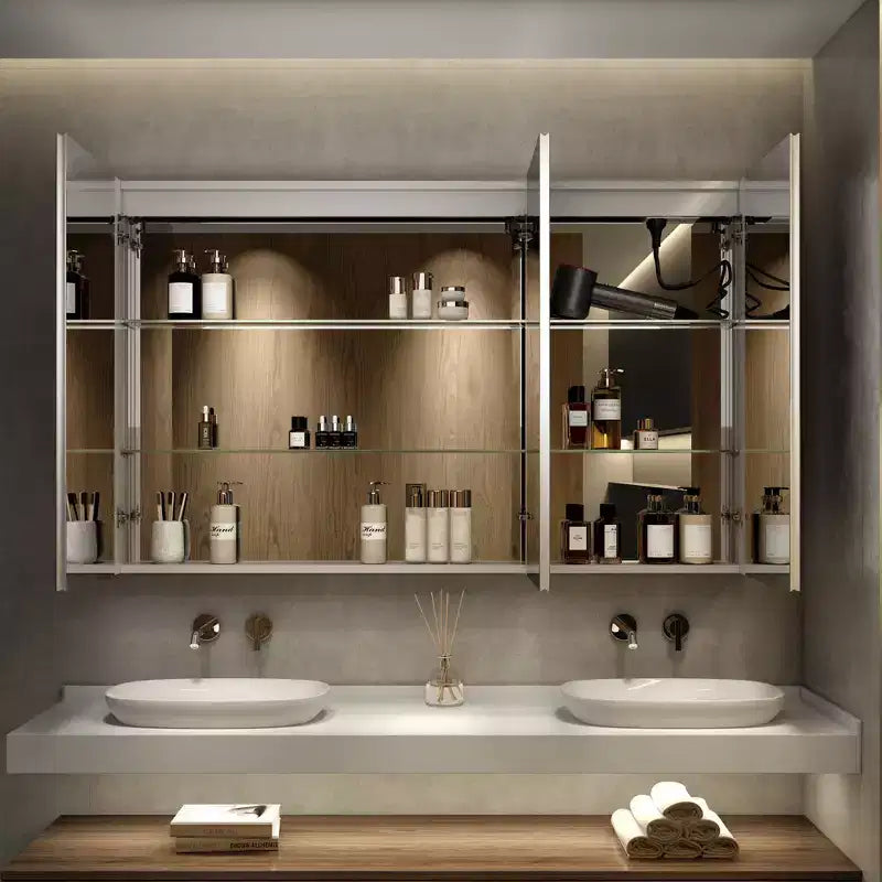 HBEZON LED Medicine Cabinet with Mirrors and Lights, Recess/Wall Mount Bathroom Cabinet, 3 Mode Light, Dimmable, Anti-Fog, Outlet, Silver