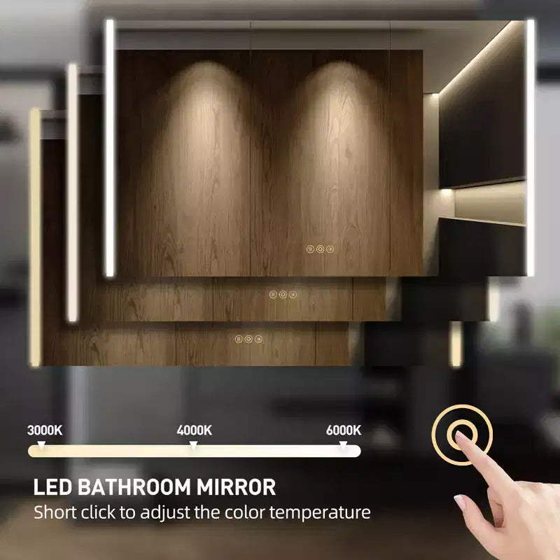 HBEZON LED Medicine Cabinet with Mirrors and Lights, Recess/Wall Mount Bathroom Cabinet, 3 Mode Light, Dimmable, Anti-Fog, Outlet, Silver
