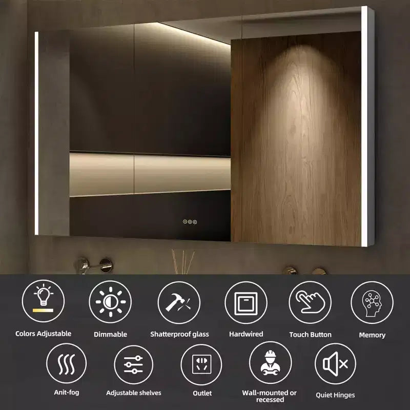 HBEZON LED Medicine Cabinet with Mirrors and Lights, Recess/Wall Mount Bathroom Cabinet, 3 Mode Light, Dimmable, Anti-Fog, Outlet, Silver