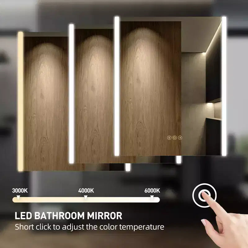 HBEZON LED Medicine Cabinet with Mirrors and Lights, Recess/Wall Mount Bathroom Cabinet, 3 Mode Light, Dimmable, Anti-Fog, Outlet, Silver