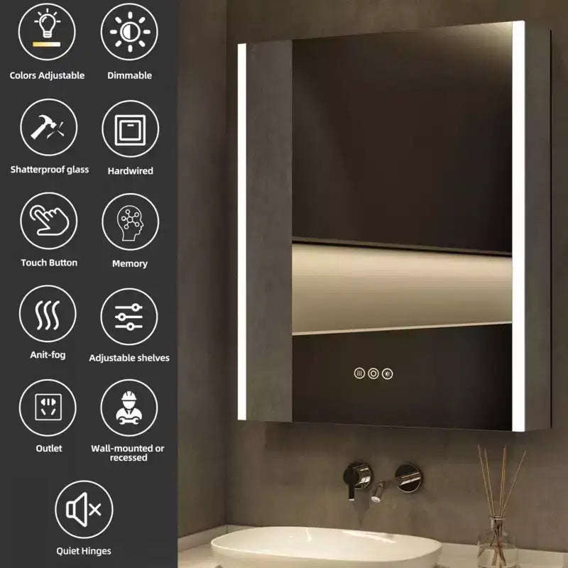 HBEZON LED Medicine Cabinet with Mirrors and Lights, Recess/Wall Mount Bathroom Cabinet, 3 Mode Light, Dimmable, Anti-Fog, Outlet, Silver