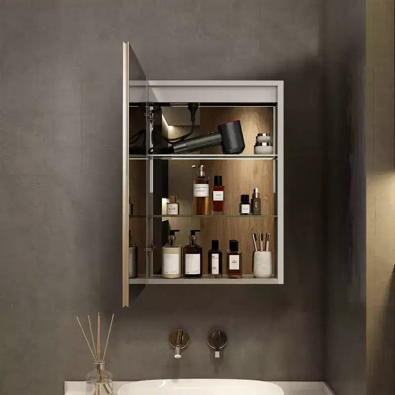 HBEZON LED Medicine Cabinet with Mirrors and Lights, Recess/Wall Mount Bathroom Cabinet, 3 Mode Light, Dimmable, Anti-Fog, Outlet, Silver