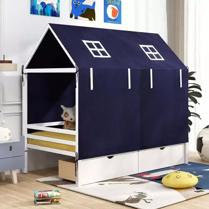 Costway Twin House Bed Solid Wood Playhouse Bed Low Loft Bed with Tent 2 Storage Drawers