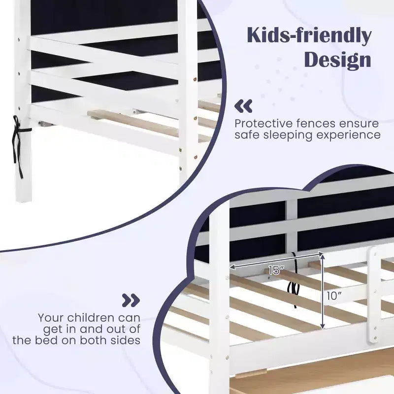 Costway Twin House Bed Solid Wood Playhouse Bed Low Loft Bed with Tent 2 Storage Drawers