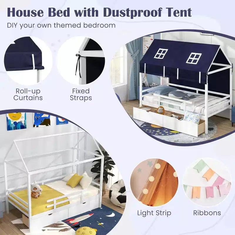 Costway Twin House Bed Solid Wood Playhouse Bed Low Loft Bed with Tent 2 Storage Drawers